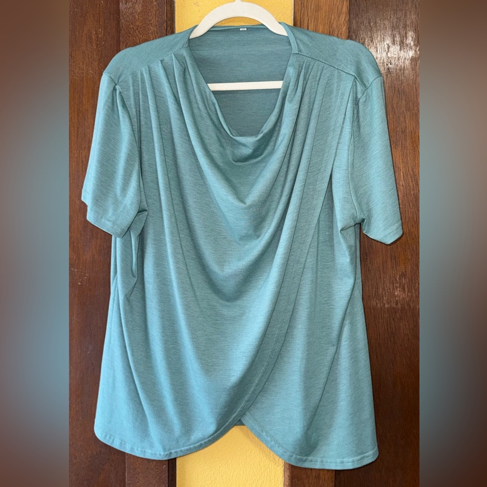 Elegant Teal Drape Neck Top with Tulip Hem